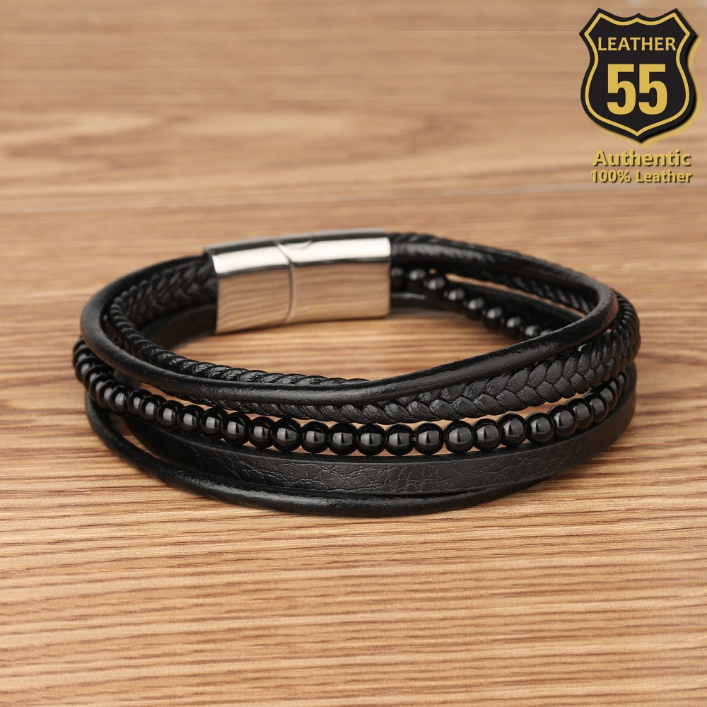 Leather 55 Ανδρικό Xειροποίητο Δερμάτινο βραχιόλι με ανοξείδωτο ατσάλι σε συσκευασία δώρου / Κωδικός Προϊόντος: C131