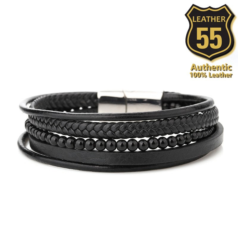 Leather 55 Ανδρικό Xειροποίητο Δερμάτινο βραχιόλι με ανοξείδωτο ατσάλι σε συσκευασία δώρου / Κωδικός Προϊόντος: C131