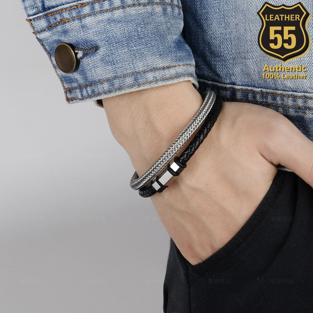 Leather 55 Ανδρικό Xειροποίητο Δερμάτινο βραχιόλι με ανοξείδωτο ατσάλι σε συσκευασία δώρου / Κωδικός Προϊόντος: C149
