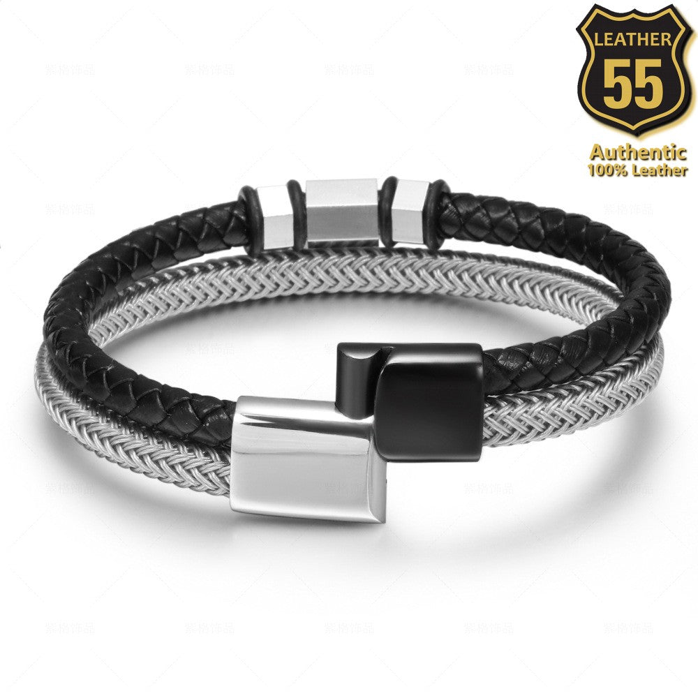 Leather 55 Ανδρικό Xειροποίητο Δερμάτινο βραχιόλι με ανοξείδωτο ατσάλι σε συσκευασία δώρου / Κωδικός Προϊόντος: C149
