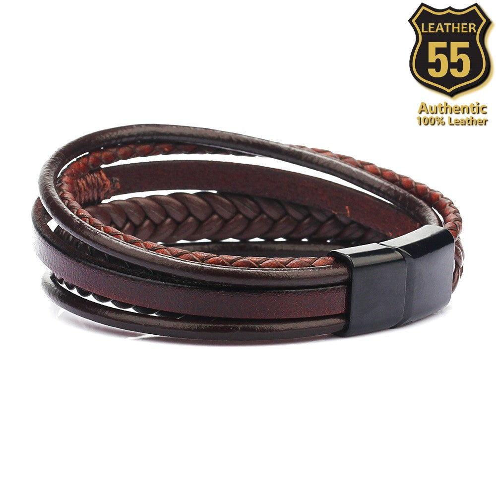 Leather 55 Ανδρικό Xειροποίητο Δερμάτινο βραχιόλι με ανοξείδωτο ατσάλι σε συσκευασία δώρου / Κωδικός Προϊόντος: C177