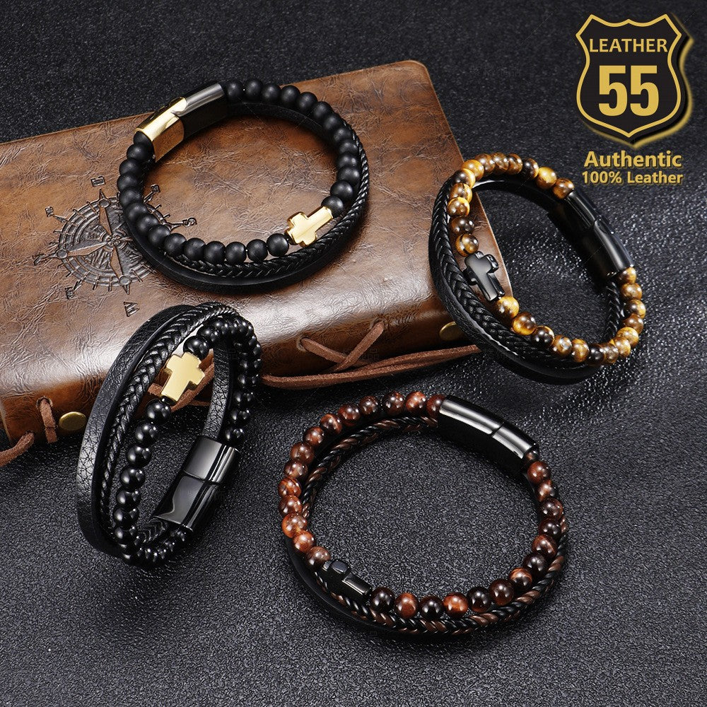 Leather 55 Ανδρικό Xειροποίητο Δερμάτινο βραχιόλι με ανοξείδωτο ατσάλι σε συσκευασία δώρου / Κωδικός Προϊόντος: C106