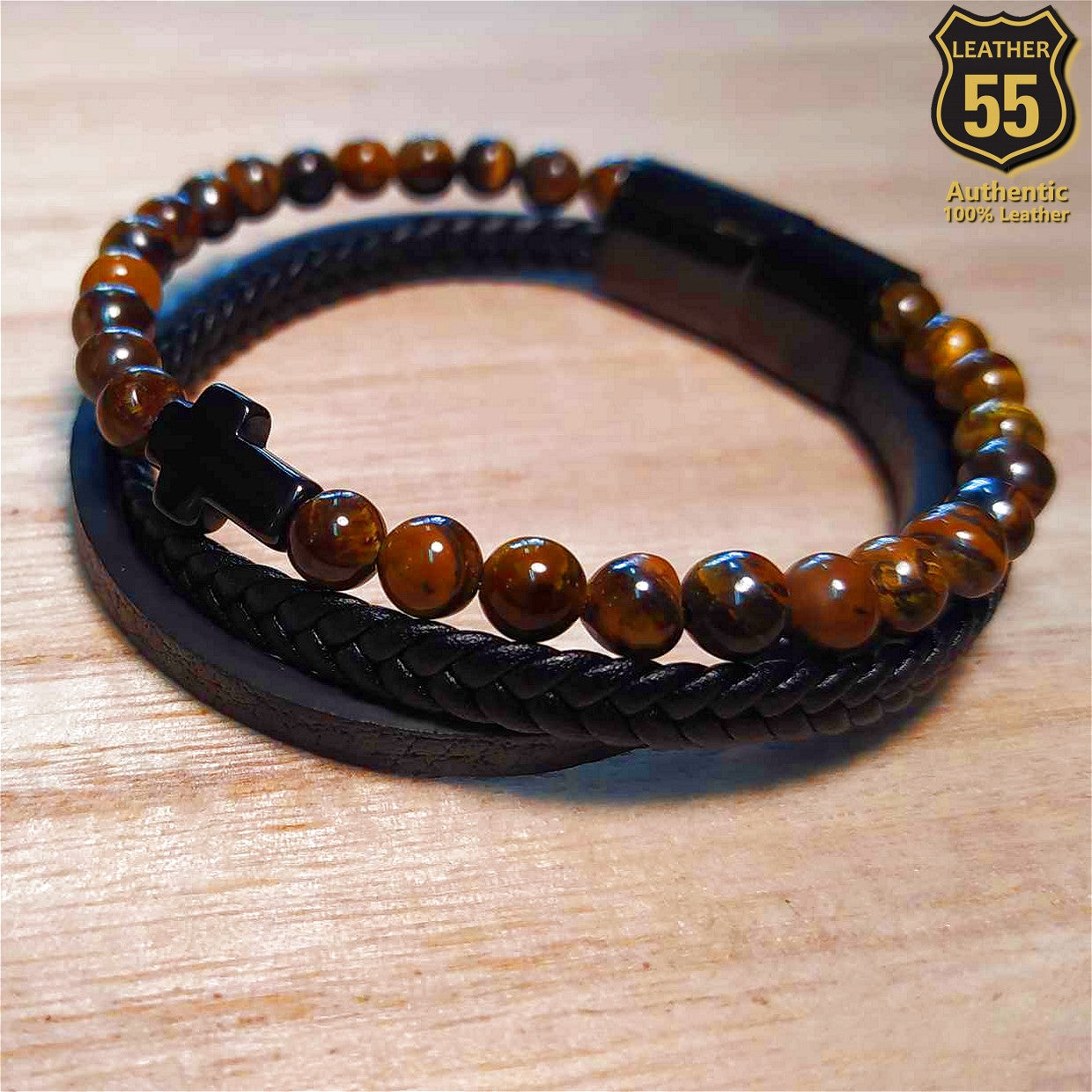 Leather 55 Ανδρικό Xειροποίητο Δερμάτινο βραχιόλι με ανοξείδωτο ατσάλι σε συσκευασία δώρου / Κωδικός Προϊόντος: C106