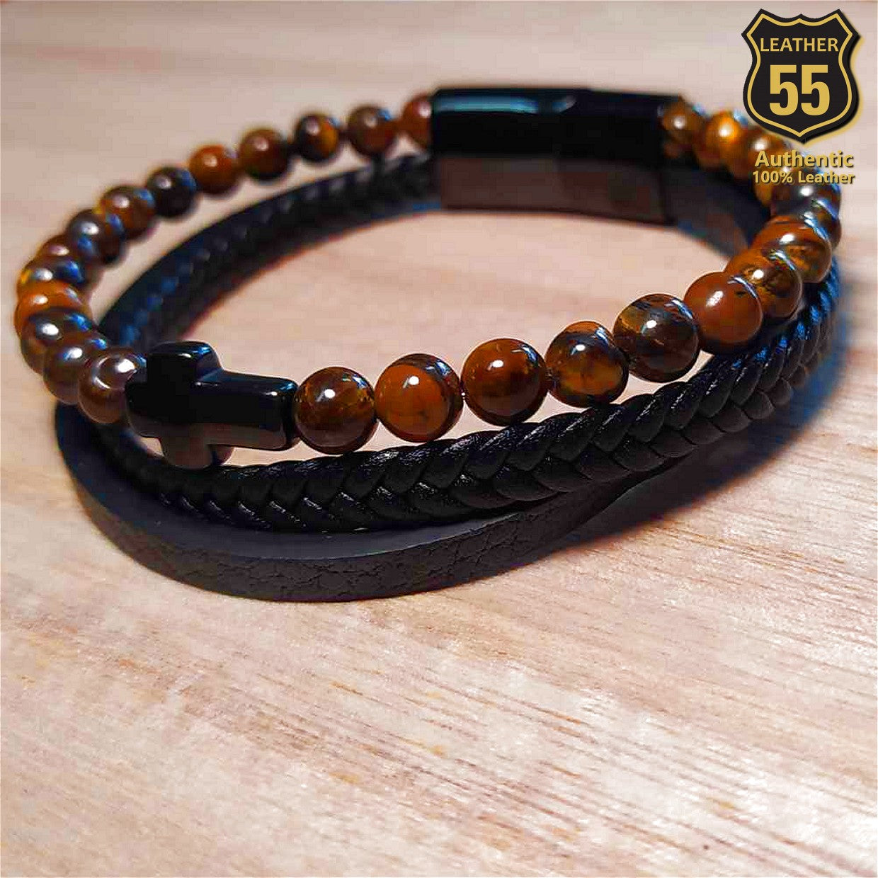 Leather 55 Ανδρικό Xειροποίητο Δερμάτινο βραχιόλι με ανοξείδωτο ατσάλι σε συσκευασία δώρου / Κωδικός Προϊόντος: C106