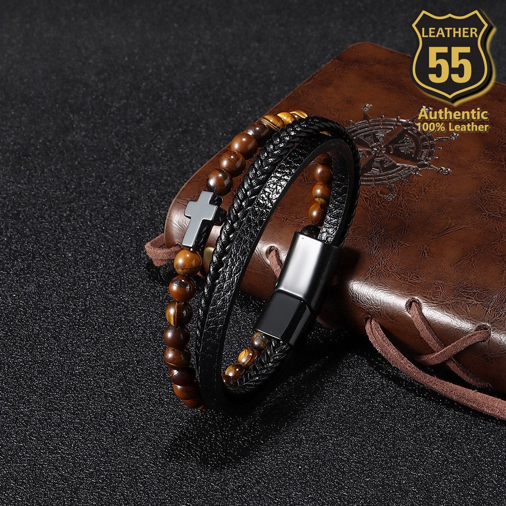 Leather 55 Ανδρικό Xειροποίητο Δερμάτινο βραχιόλι με ανοξείδωτο ατσάλι σε συσκευασία δώρου / Κωδικός Προϊόντος: C106