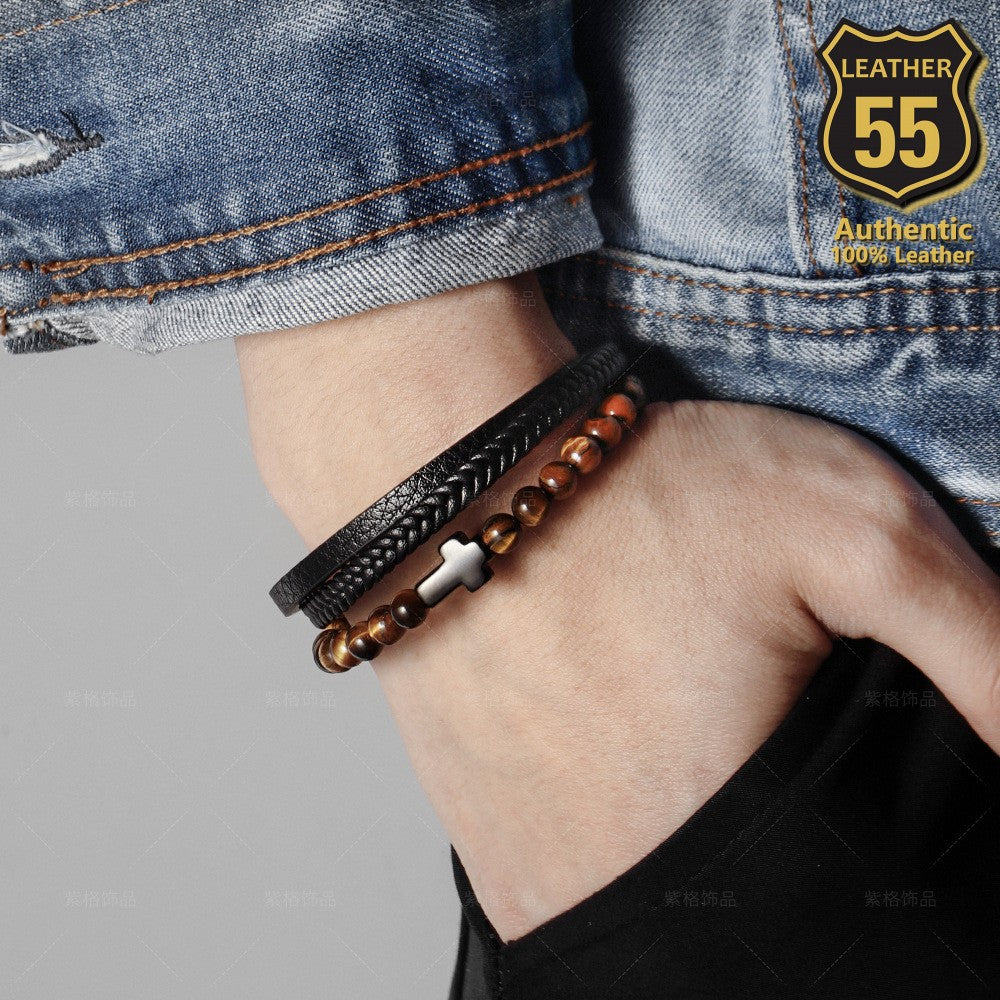 Leather 55 Ανδρικό Xειροποίητο Δερμάτινο βραχιόλι με ανοξείδωτο ατσάλι σε συσκευασία δώρου / Κωδικός Προϊόντος: C106