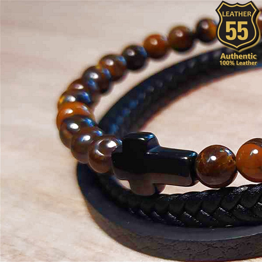 Leather 55 Ανδρικό Xειροποίητο Δερμάτινο βραχιόλι με ανοξείδωτο ατσάλι σε συσκευασία δώρου / Κωδικός Προϊόντος: C106