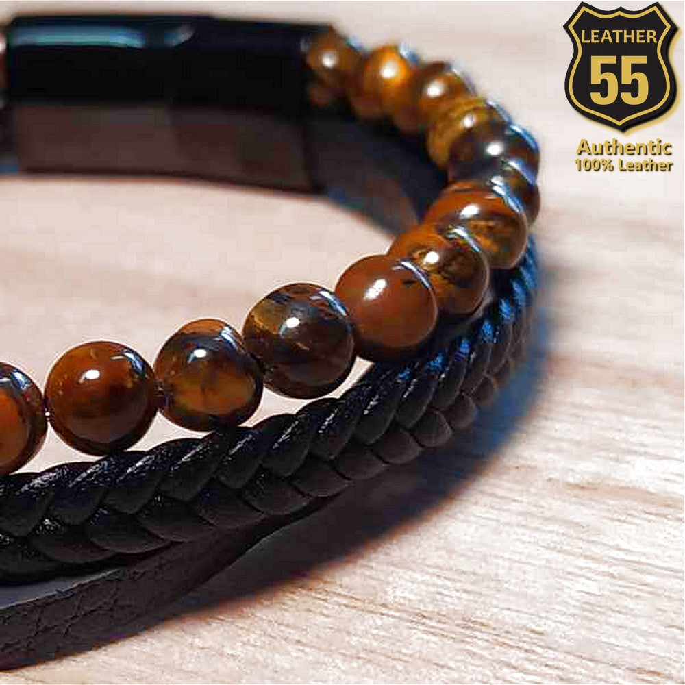 Leather 55 Ανδρικό Xειροποίητο Δερμάτινο βραχιόλι με ανοξείδωτο ατσάλι σε συσκευασία δώρου / Κωδικός Προϊόντος: C106