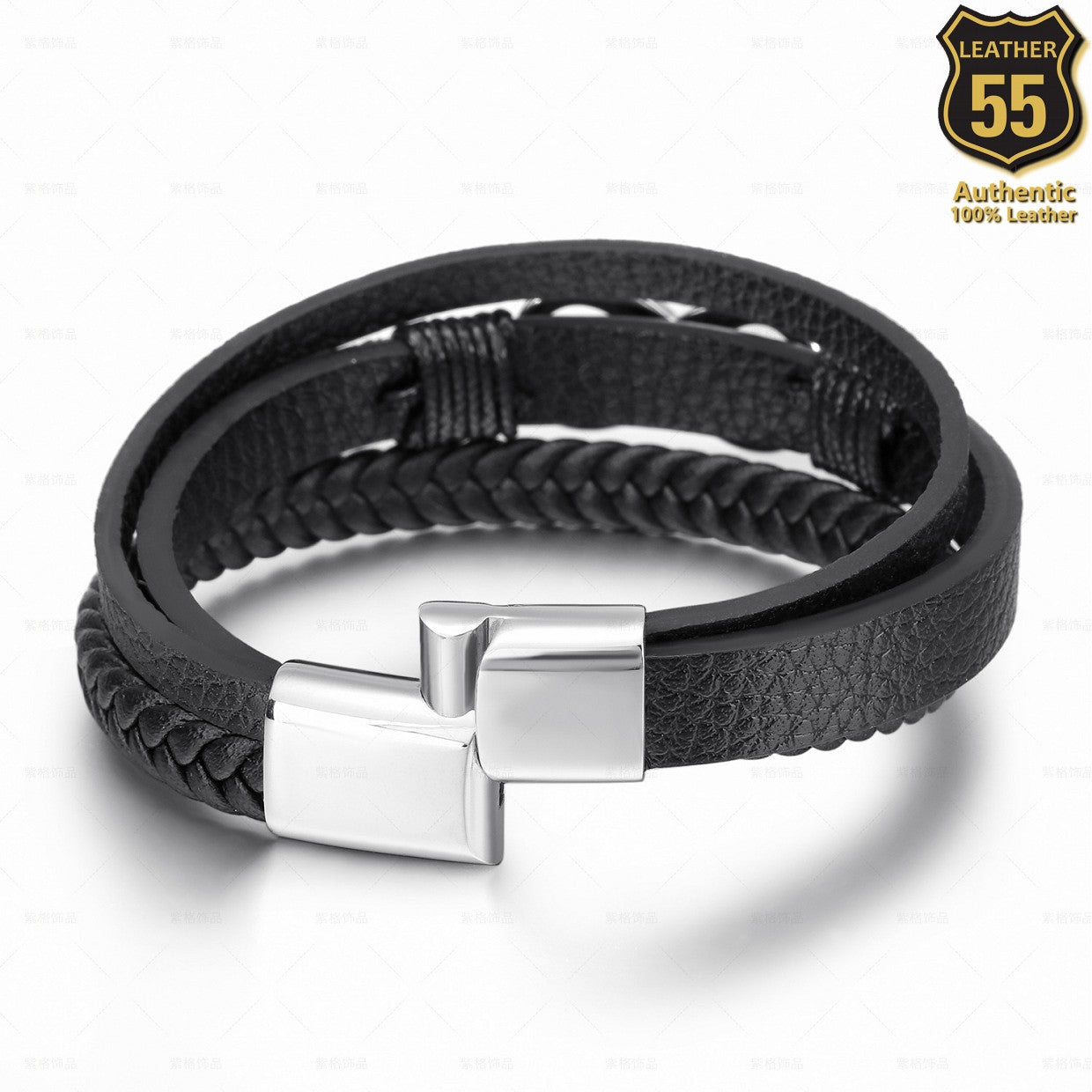 Leather 55 Ανδρικό Xειροποίητο Δερμάτινο βραχιόλι με ανοξείδωτο ατσάλι σε συσκευασία δώρου / Κωδικός Προϊόντος: C111