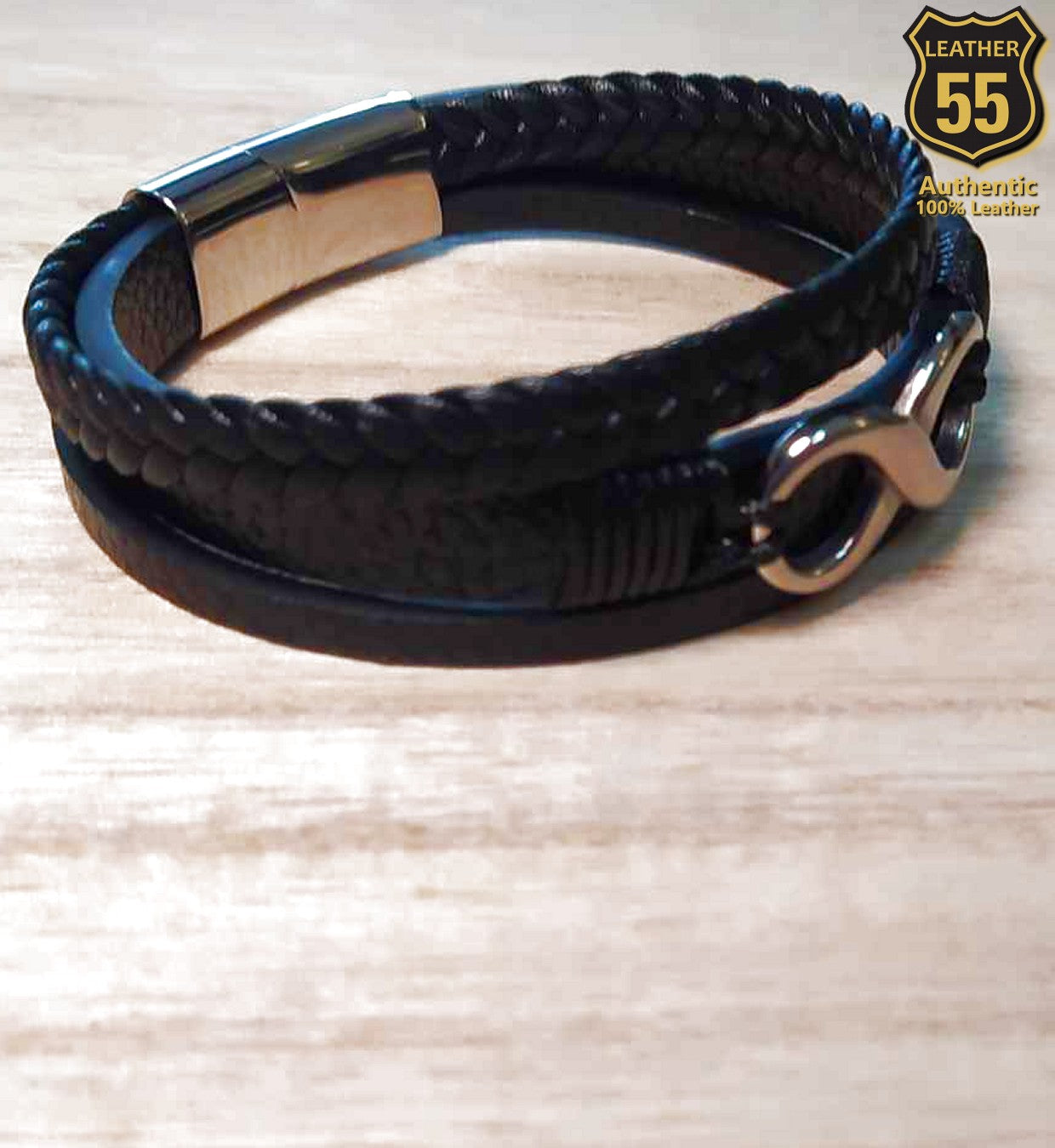 Leather 55 Ανδρικό Xειροποίητο Δερμάτινο βραχιόλι με ανοξείδωτο ατσάλι σε συσκευασία δώρου / Κωδικός Προϊόντος: C111