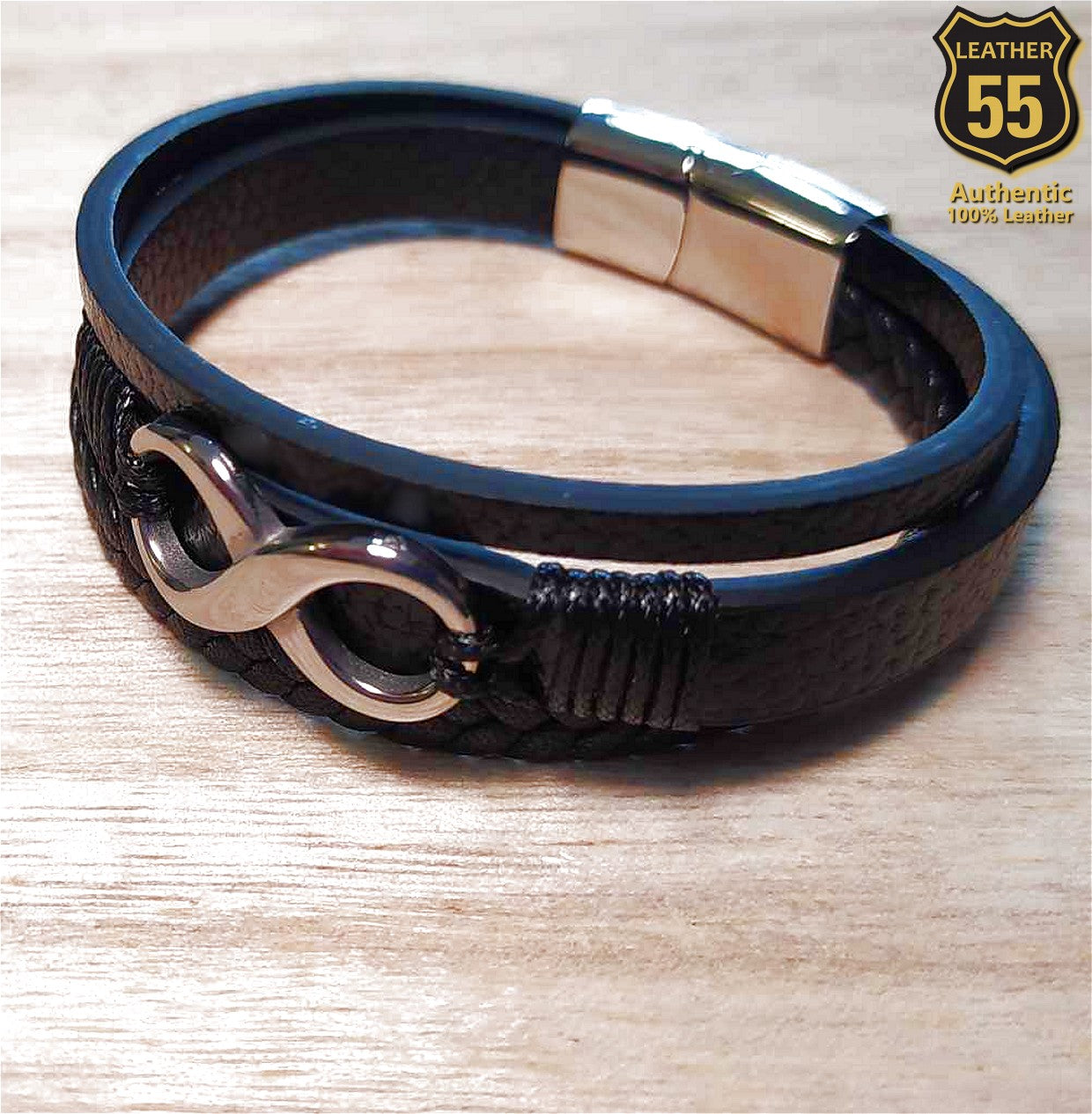 Leather 55 Ανδρικό Xειροποίητο Δερμάτινο βραχιόλι με ανοξείδωτο ατσάλι σε συσκευασία δώρου / Κωδικός Προϊόντος: C111
