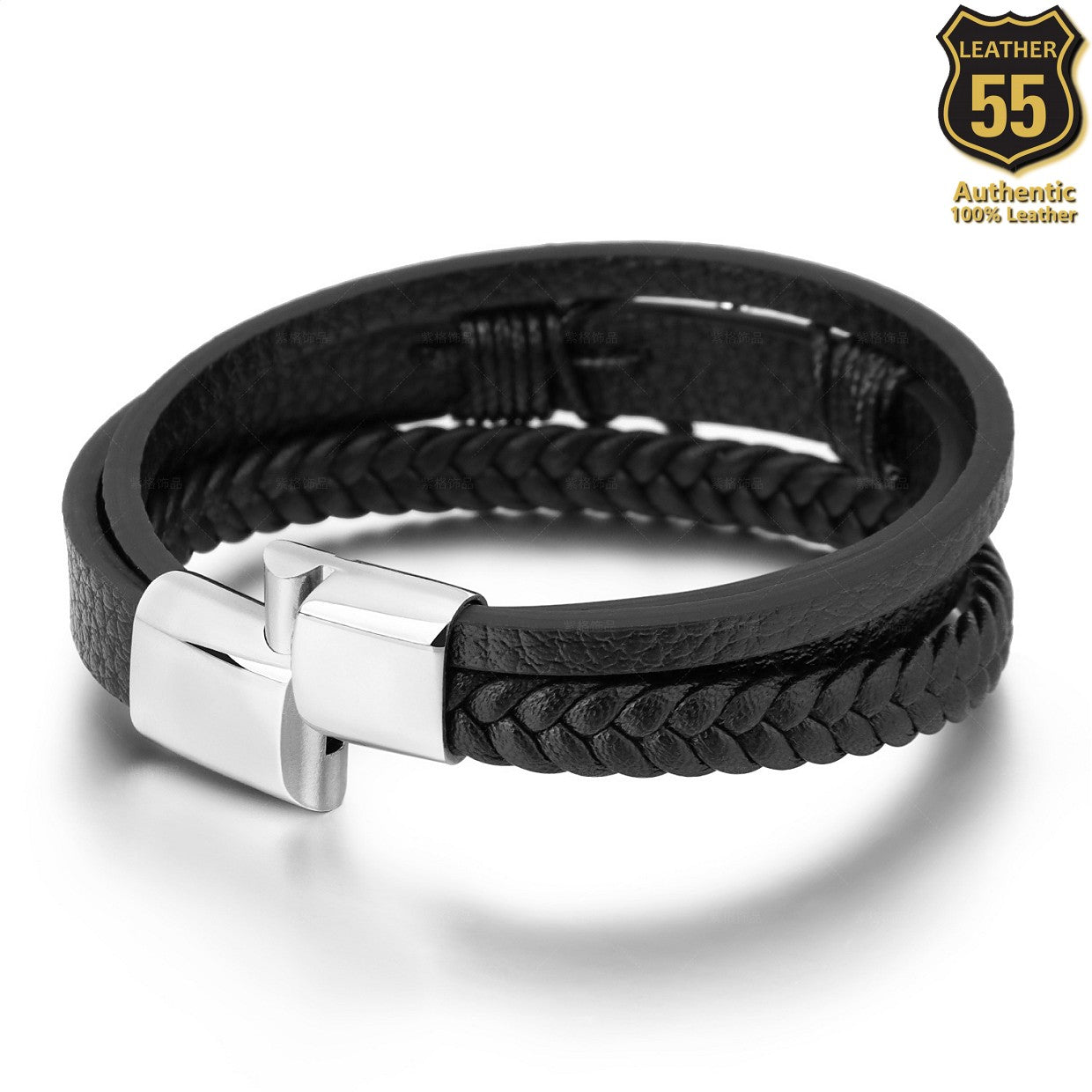 Leather 55 Ανδρικό Xειροποίητο Δερμάτινο βραχιόλι με ανοξείδωτο ατσάλι σε συσκευασία δώρου / Κωδικός Προϊόντος: C115