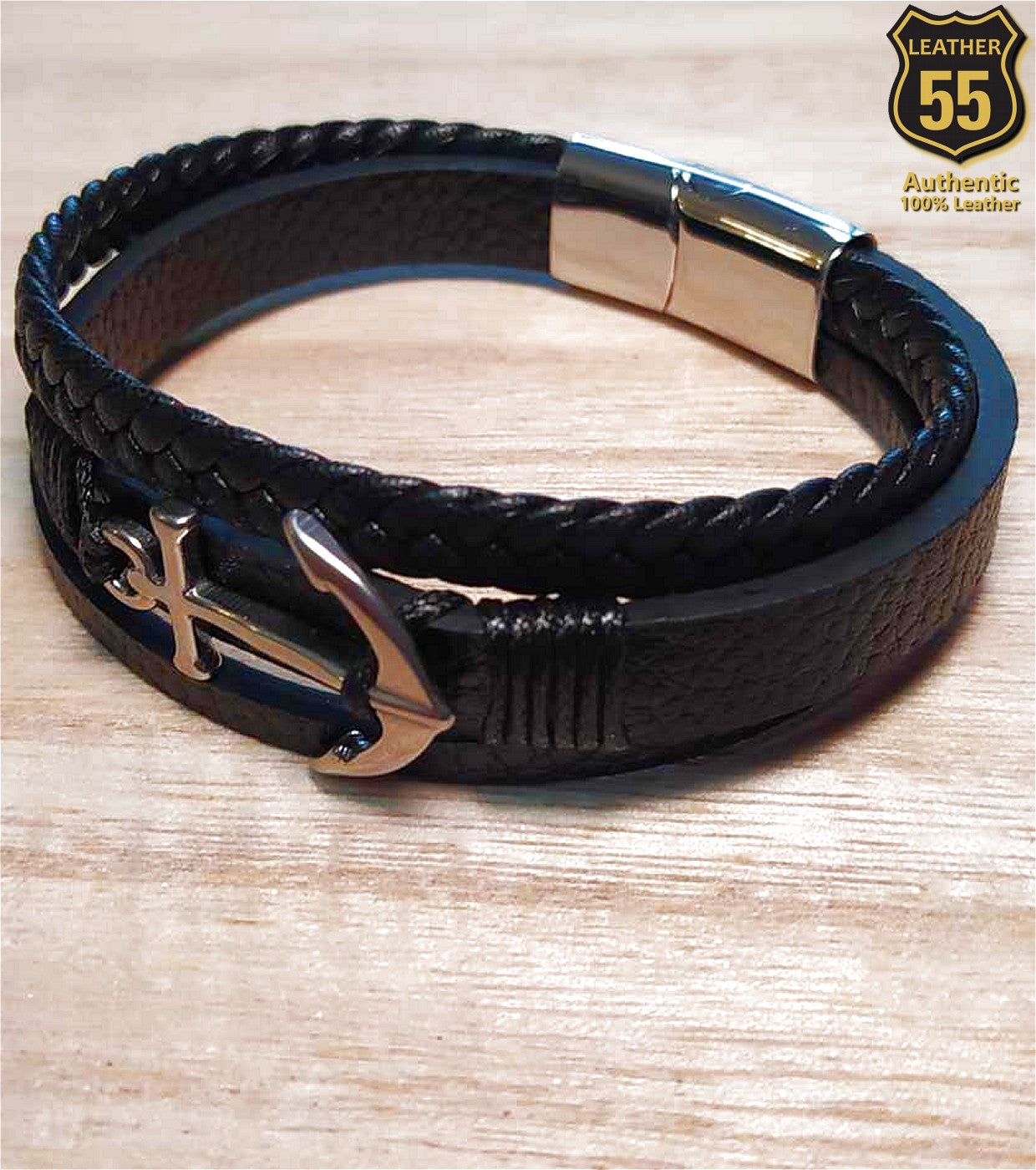 Leather 55 Ανδρικό Xειροποίητο Δερμάτινο βραχιόλι με ανοξείδωτο ατσάλι σε συσκευασία δώρου / Κωδικός Προϊόντος: C115