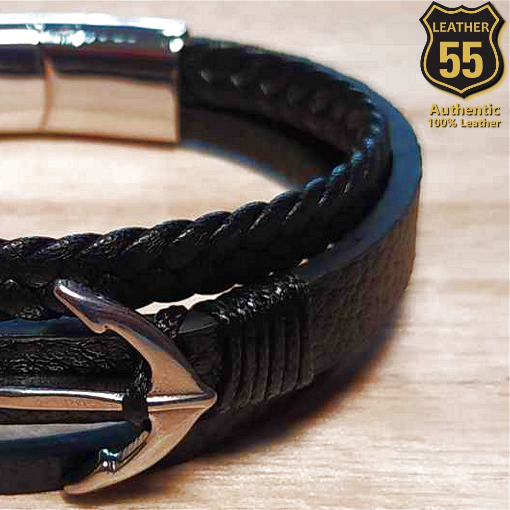 Leather 55 Ανδρικό Xειροποίητο Δερμάτινο βραχιόλι με ανοξείδωτο ατσάλι σε συσκευασία δώρου / Κωδικός Προϊόντος: C115
