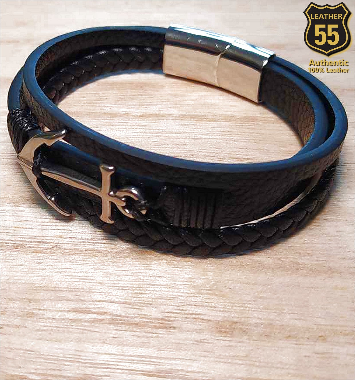 Leather 55 Ανδρικό Xειροποίητο Δερμάτινο βραχιόλι με ανοξείδωτο ατσάλι σε συσκευασία δώρου / Κωδικός Προϊόντος: C115