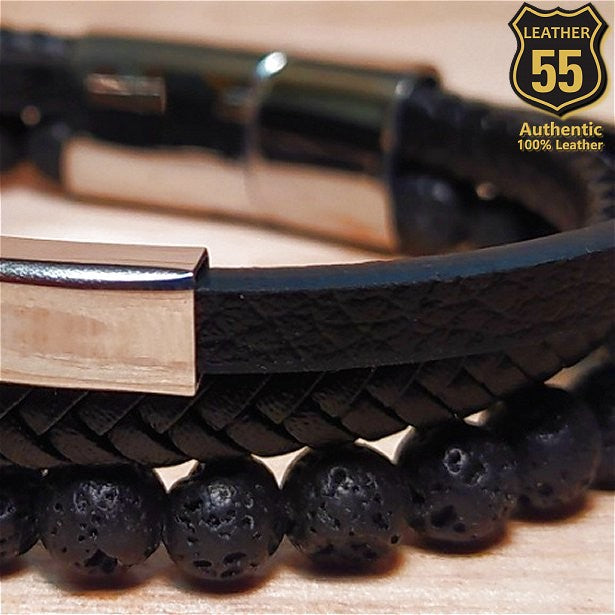 Leather 55 Ανδρικό Xειροποίητο Δερμάτινο βραχιόλι με ανοξείδωτο ατσάλι σε συσκευασία δώρου / Κωδικός Προϊόντος: C118