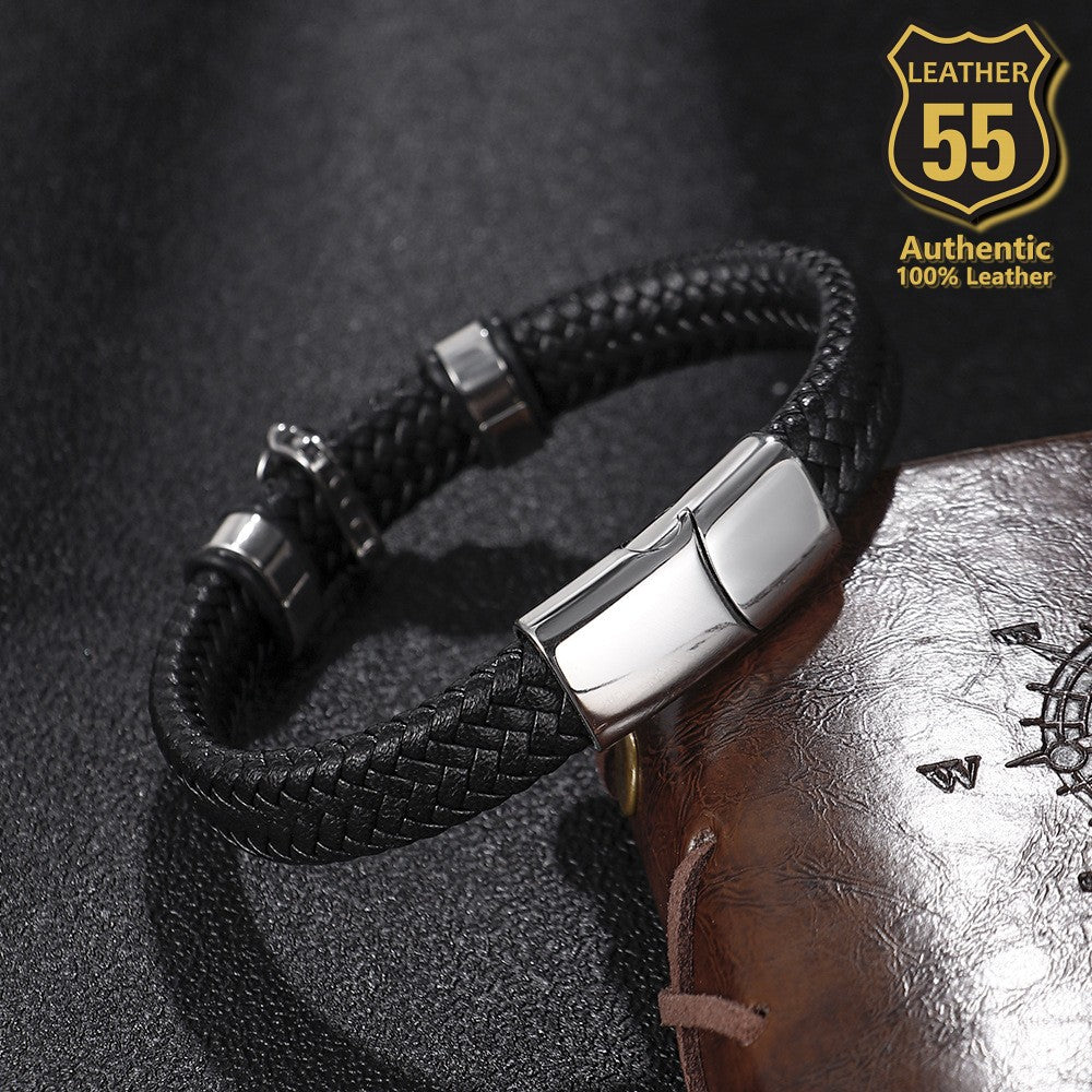 Leather 55 Ανδρικό Xειροποίητο Δερμάτινο βραχιόλι με ανοξείδωτο ατσάλι σε συσκευασία δώρου / Κωδικός Προϊόντος: C119