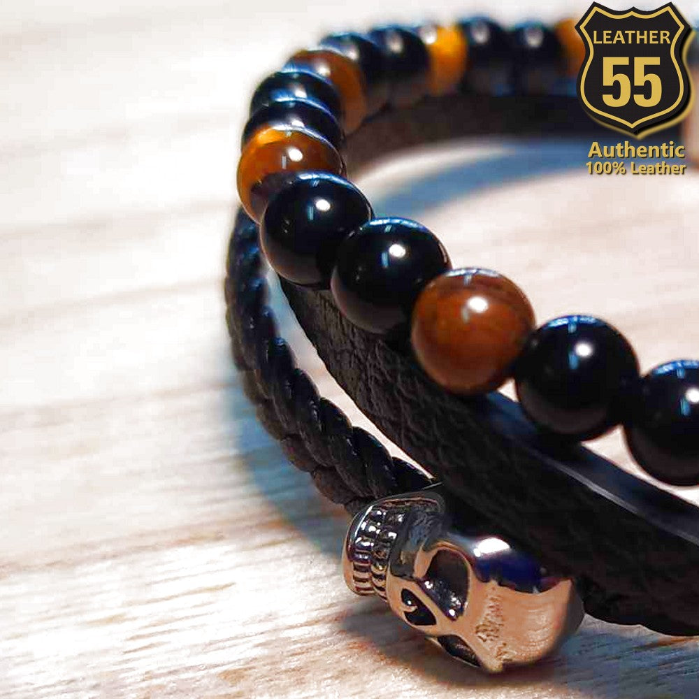 Leather 55 Ανδρικό Xειροποίητο Δερμάτινο βραχιόλι με ανοξείδωτο ατσάλι σε συσκευασία δώρου / Κωδικός Προϊόντος: C121