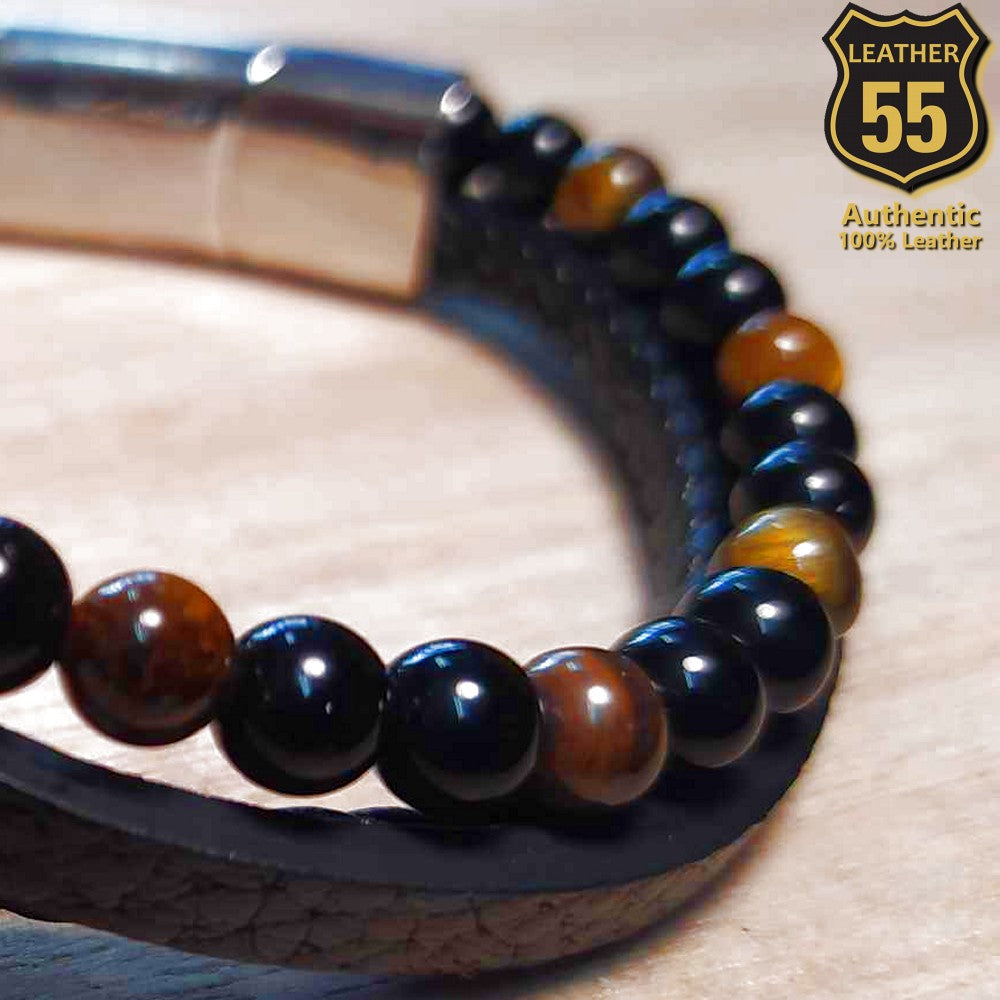 Leather 55 Ανδρικό Xειροποίητο Δερμάτινο βραχιόλι με ανοξείδωτο ατσάλι σε συσκευασία δώρου / Κωδικός Προϊόντος: C121