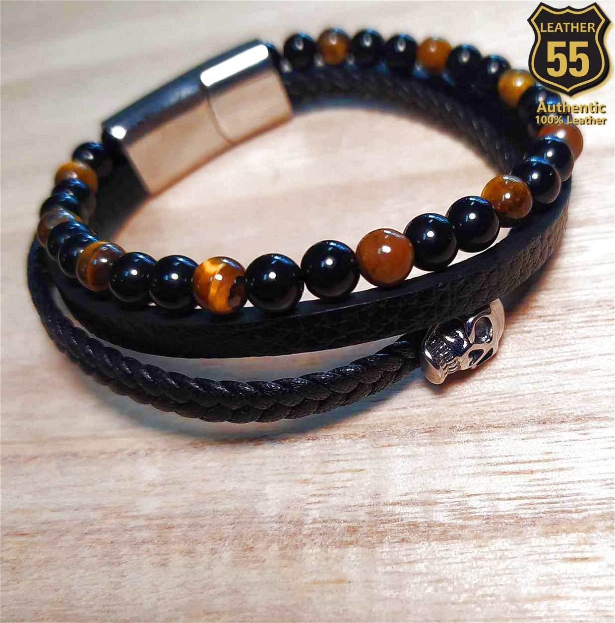 Leather 55 Ανδρικό Xειροποίητο Δερμάτινο βραχιόλι με ανοξείδωτο ατσάλι σε συσκευασία δώρου / Κωδικός Προϊόντος: C121