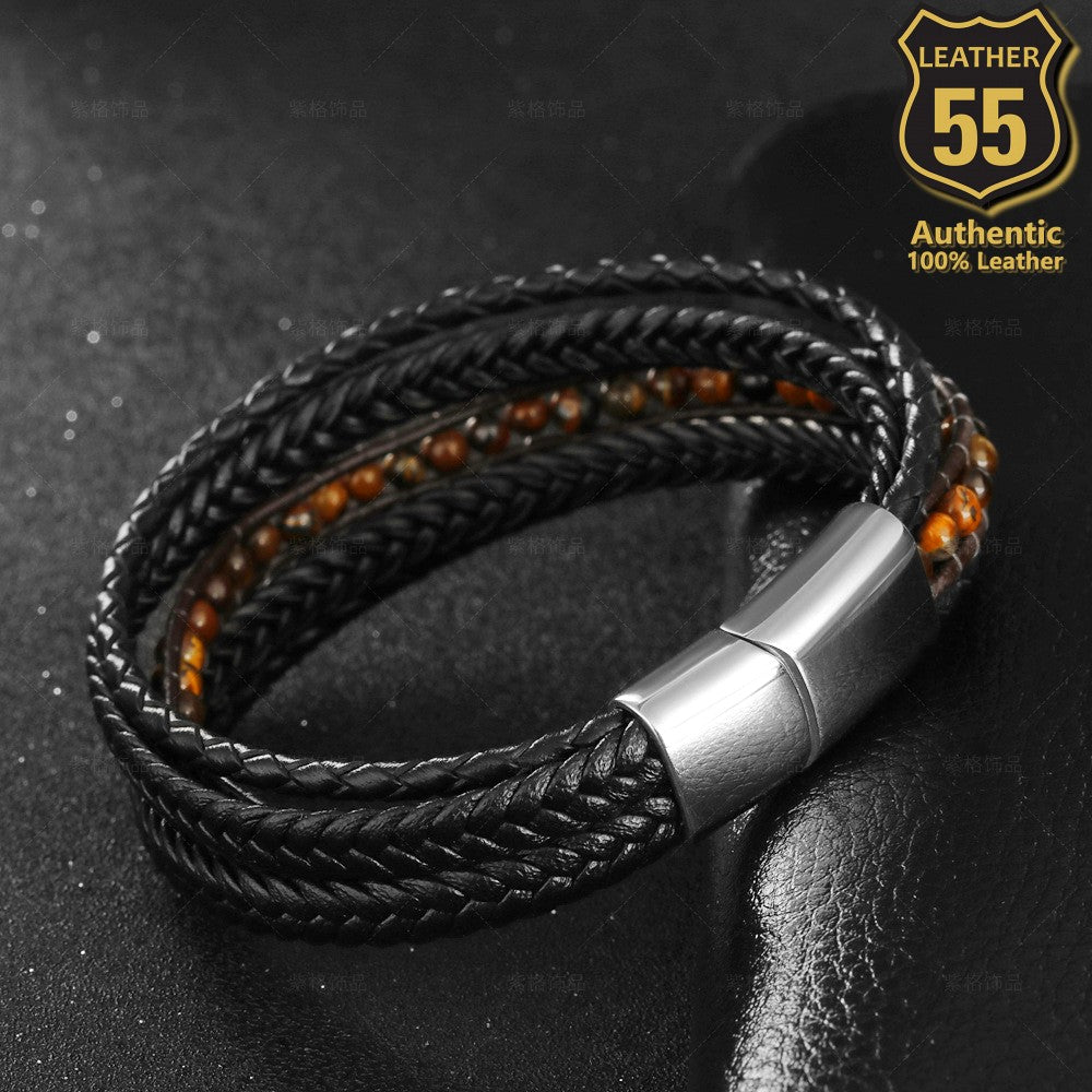 Leather 55 Ανδρικό Xειροποίητο Δερμάτινο βραχιόλι με ανοξείδωτο ατσάλι σε συσκευασία δώρου / Κωδικός Προϊόντος: C122
