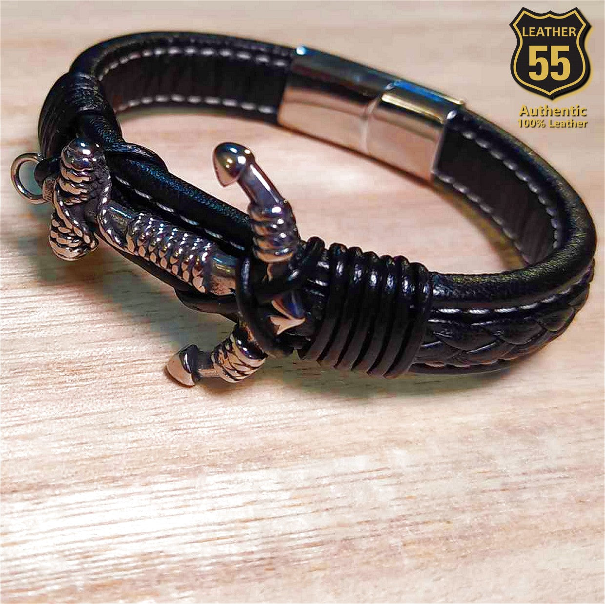 Leather 55 Ανδρικό Xειροποίητο Δερμάτινο βραχιόλι με ανοξείδωτο ατσάλι σε συσκευασία δώρου / Κωδικός Προϊόντος: C126