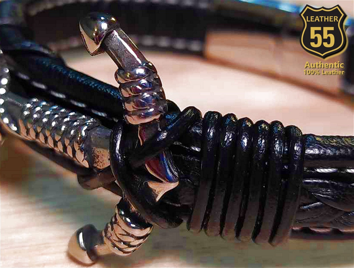 Leather 55 Ανδρικό Xειροποίητο Δερμάτινο βραχιόλι με ανοξείδωτο ατσάλι σε συσκευασία δώρου / Κωδικός Προϊόντος: C126
