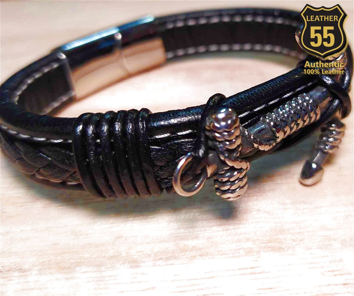 Leather 55 Ανδρικό Xειροποίητο Δερμάτινο βραχιόλι με ανοξείδωτο ατσάλι σε συσκευασία δώρου / Κωδικός Προϊόντος: C126