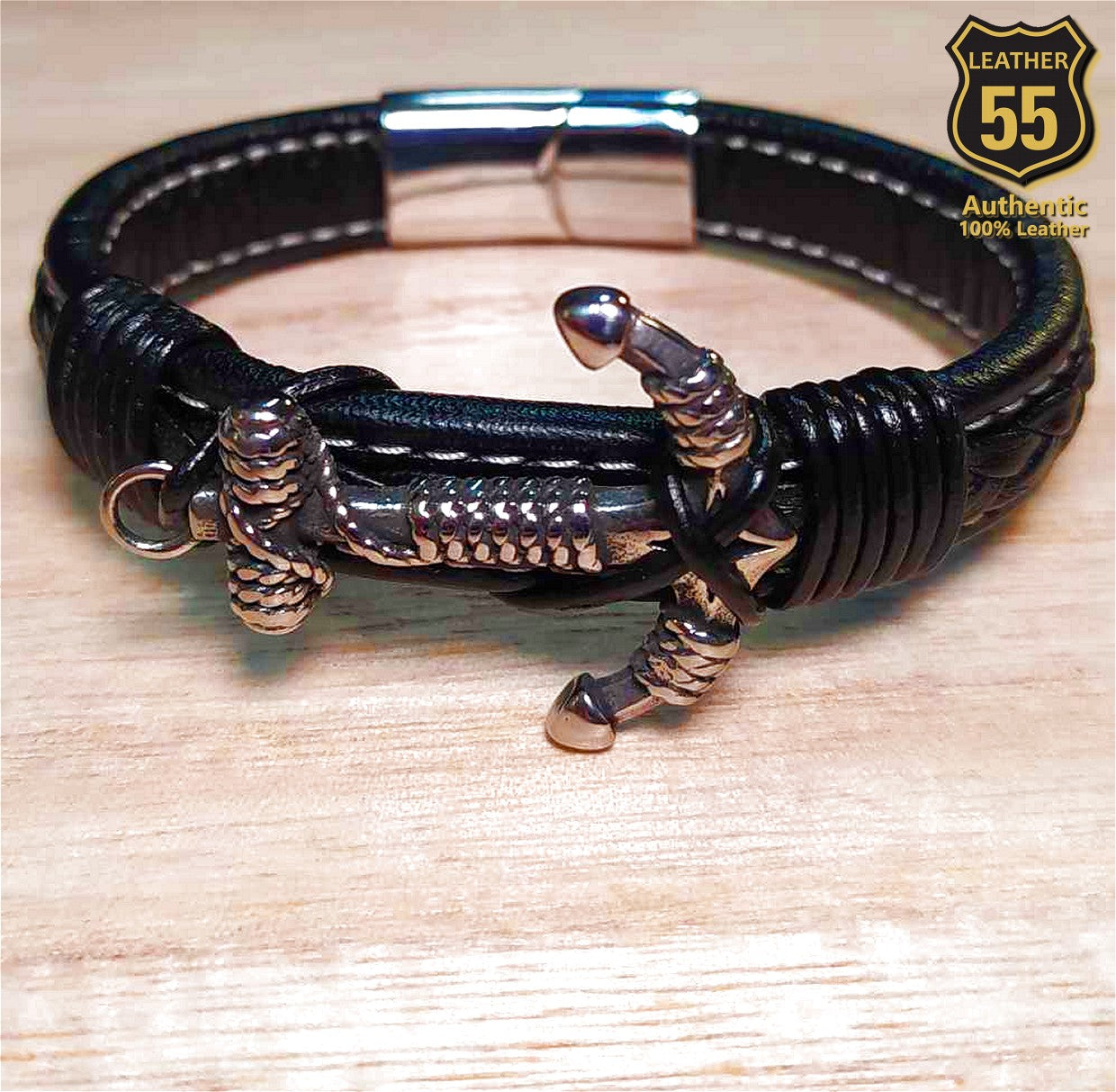 Leather 55 Ανδρικό Xειροποίητο Δερμάτινο βραχιόλι με ανοξείδωτο ατσάλι σε συσκευασία δώρου / Κωδικός Προϊόντος: C126