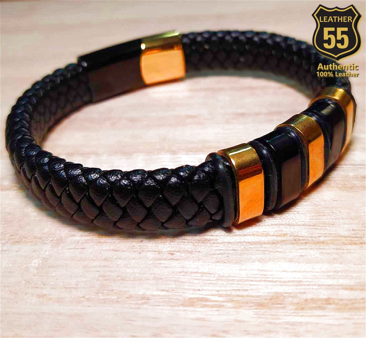 Leather 55 Ανδρικό Xειροποίητο Δερμάτινο βραχιόλι με ανοξείδωτο ατσάλι σε συσκευασία δώρου / Κωδικός Προϊόντος: C127
