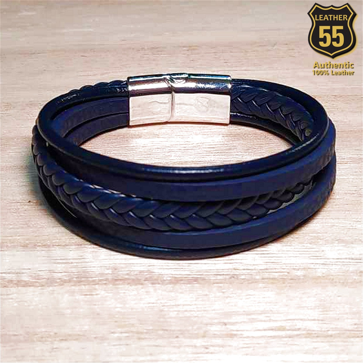 Leather 55 Ανδρικό Xειροποίητο Δερμάτινο βραχιόλι με ανοξείδωτο ατσάλι σε συσκευασία δώρου / Κωδικός Προϊόντος: C128