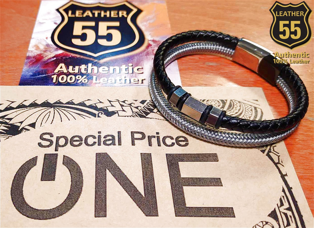 Leather 55 Ανδρικό Xειροποίητο Δερμάτινο βραχιόλι με ανοξείδωτο ατσάλι σε συσκευασία δώρου / Κωδικός Προϊόντος: C149