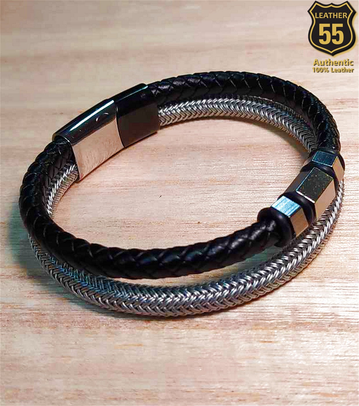 Leather 55 Ανδρικό Xειροποίητο Δερμάτινο βραχιόλι με ανοξείδωτο ατσάλι σε συσκευασία δώρου / Κωδικός Προϊόντος: C149