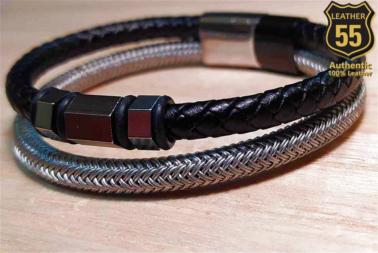 Leather 55 Ανδρικό Xειροποίητο Δερμάτινο βραχιόλι με ανοξείδωτο ατσάλι σε συσκευασία δώρου / Κωδικός Προϊόντος: C149