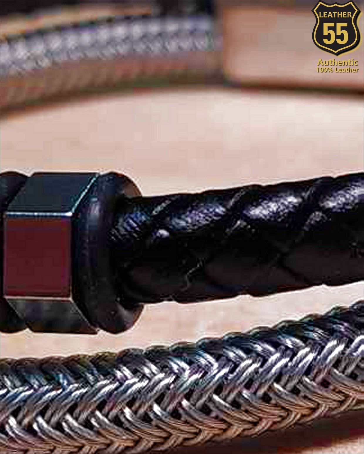 Leather 55 Ανδρικό Xειροποίητο Δερμάτινο βραχιόλι με ανοξείδωτο ατσάλι σε συσκευασία δώρου / Κωδικός Προϊόντος: C149