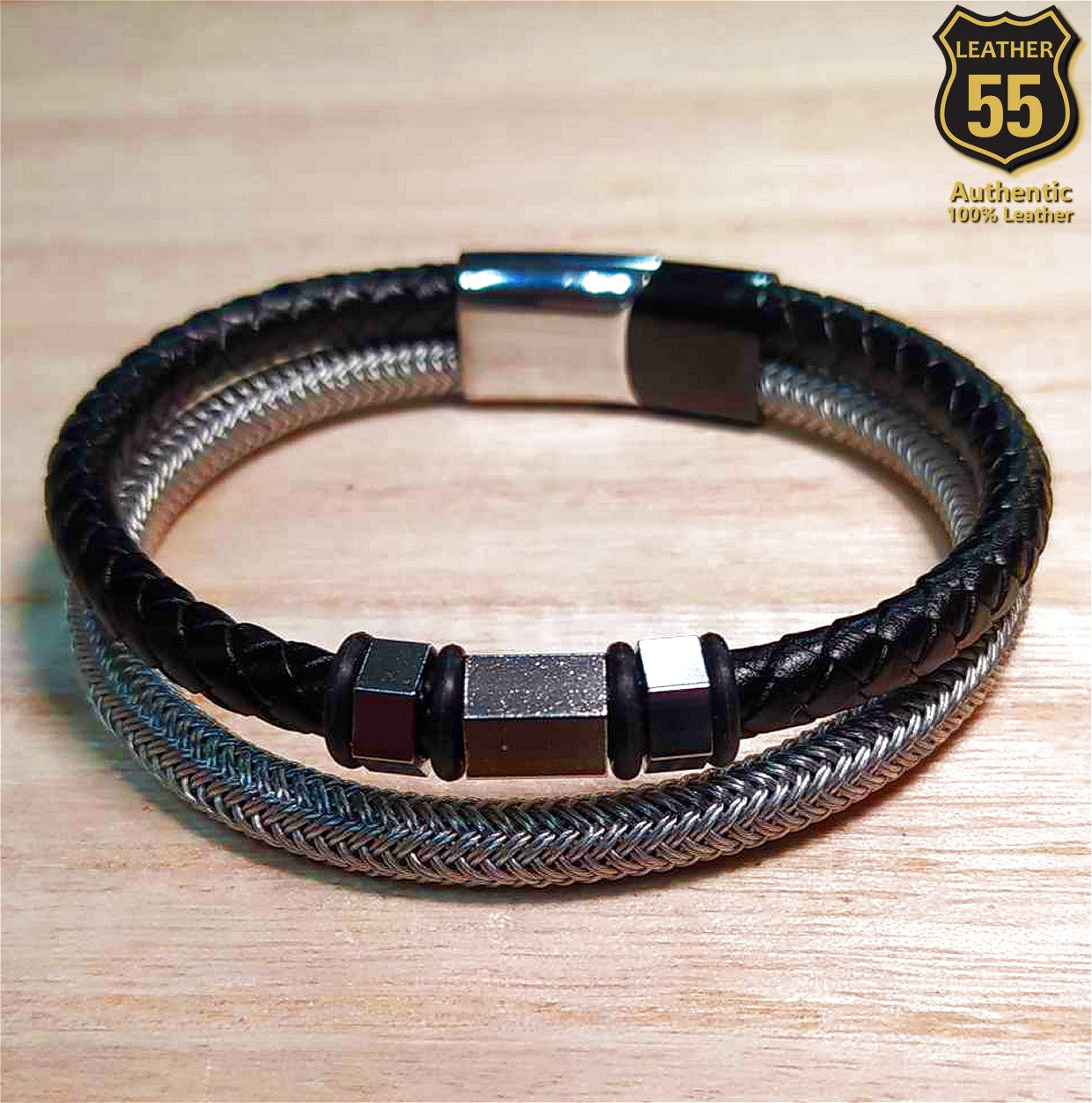 Leather 55 Ανδρικό Xειροποίητο Δερμάτινο βραχιόλι με ανοξείδωτο ατσάλι σε συσκευασία δώρου / Κωδικός Προϊόντος: C149