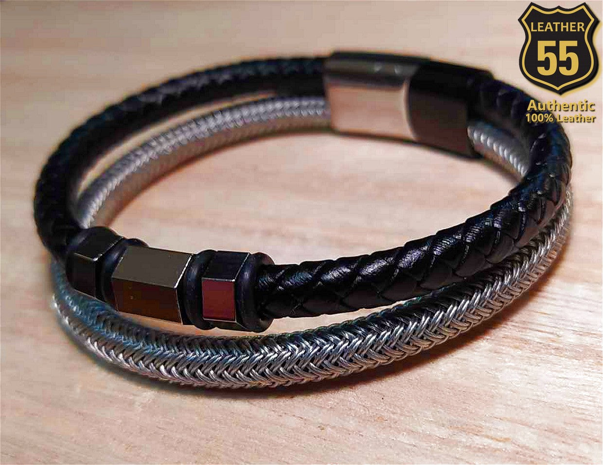 Leather 55 Ανδρικό Xειροποίητο Δερμάτινο βραχιόλι με ανοξείδωτο ατσάλι σε συσκευασία δώρου / Κωδικός Προϊόντος: C149