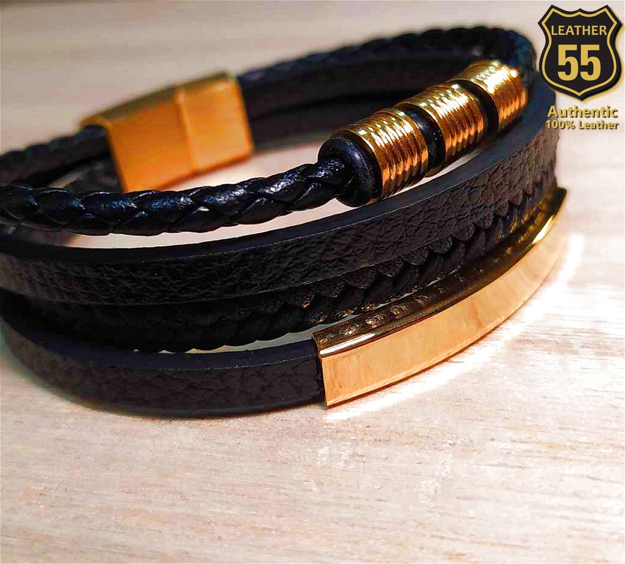 Leather 55 Ανδρικό Xειροποίητο Δερμάτινο βραχιόλι με ανοξείδωτο ατσάλι σε συσκευασία δώρου / Κωδικός Προϊόντος: C154