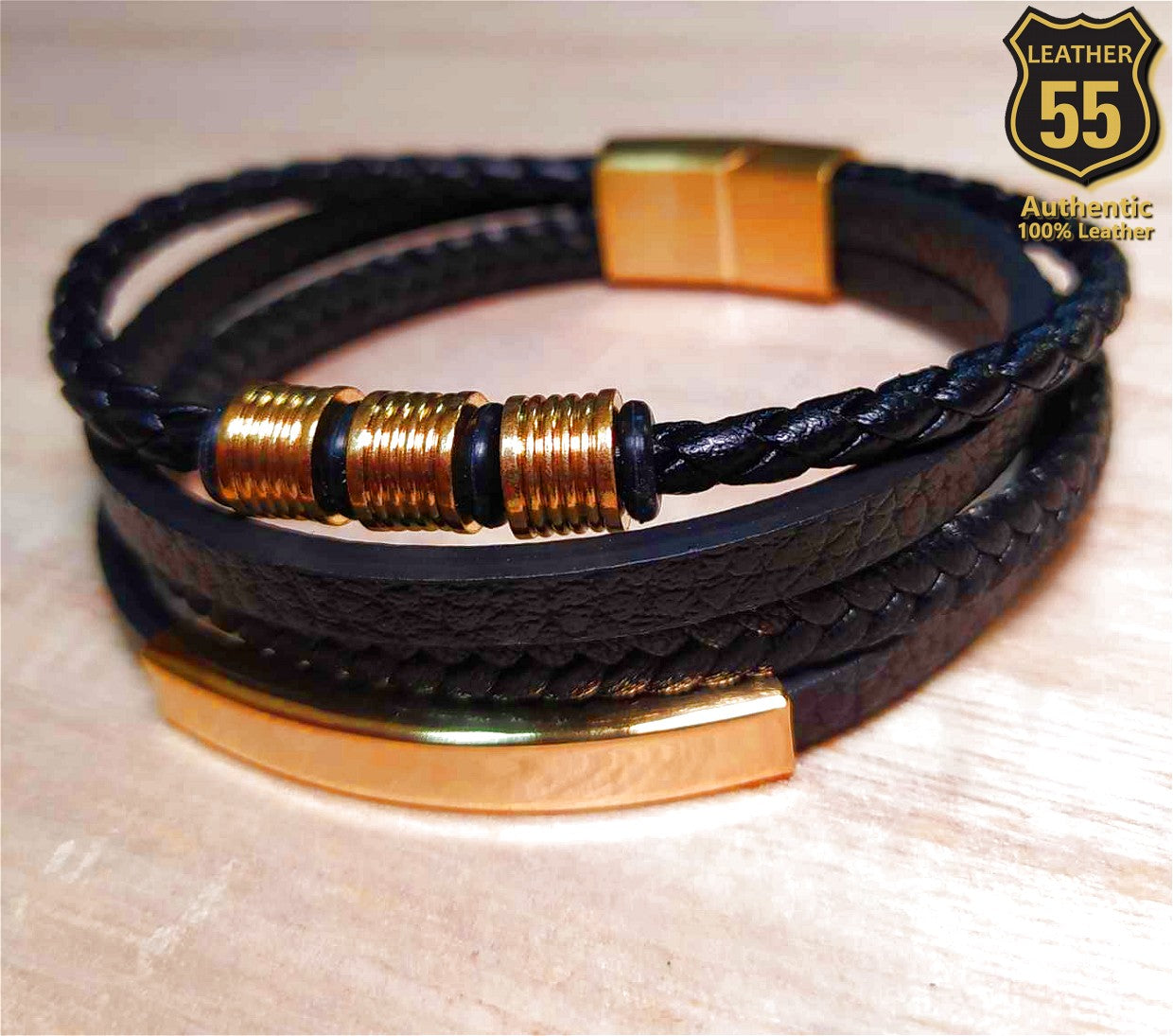 Leather 55 Ανδρικό Xειροποίητο Δερμάτινο βραχιόλι με ανοξείδωτο ατσάλι σε συσκευασία δώρου / Κωδικός Προϊόντος: C154
