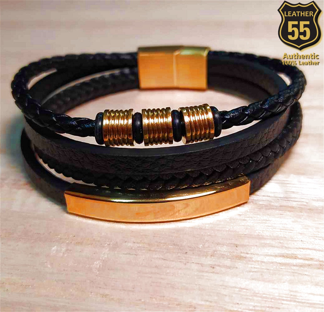 Leather 55 Ανδρικό Xειροποίητο Δερμάτινο βραχιόλι με ανοξείδωτο ατσάλι σε συσκευασία δώρου / Κωδικός Προϊόντος: C154