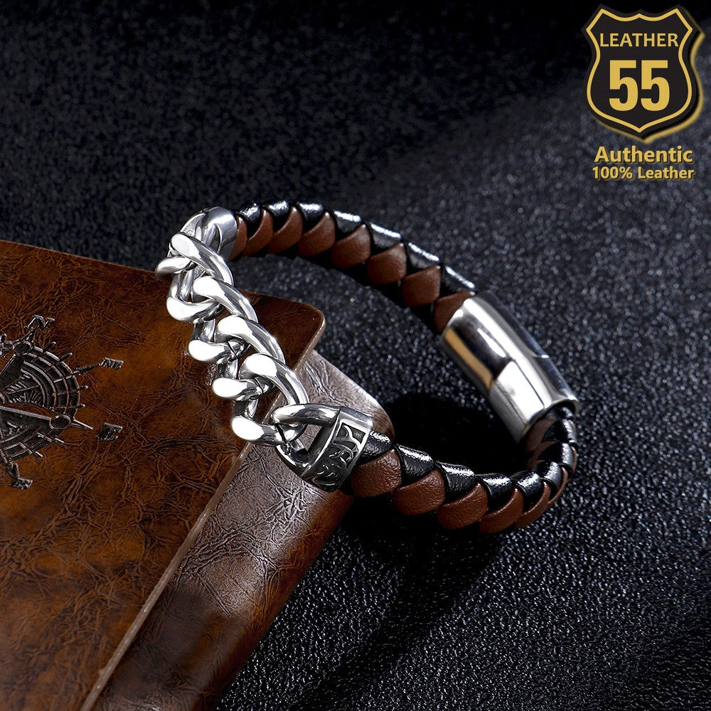 Leather 55 Ανδρικό Xειροποίητο Δερμάτινο βραχιόλι με ανοξείδωτο ατσάλι σε συσκευασία δώρου / Κωδικός Προϊόντος: C164
