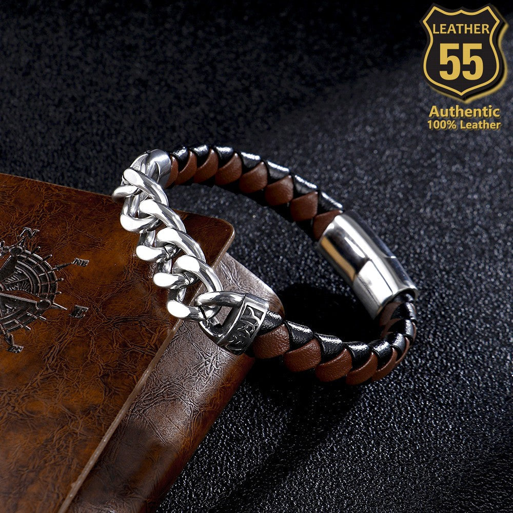 Leather 55 Ανδρικό Xειροποίητο Δερμάτινο βραχιόλι με ανοξείδωτο ατσάλι σε συσκευασία δώρου / Κωδικός Προϊόντος: C164