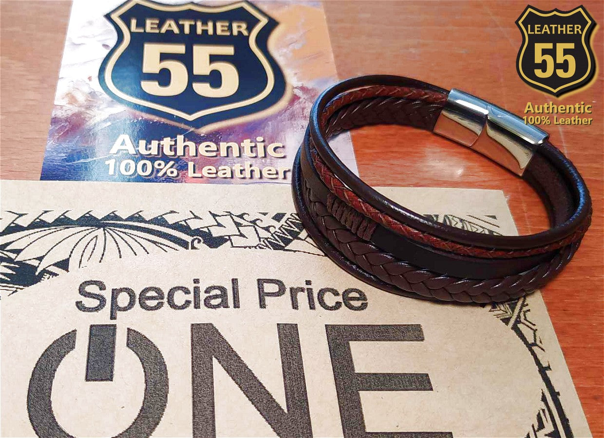 Leather 55 Ανδρικό Xειροποίητο Δερμάτινο βραχιόλι με ανοξείδωτο ατσάλι σε συσκευασία δώρου / Κωδικός Προϊόντος: C177