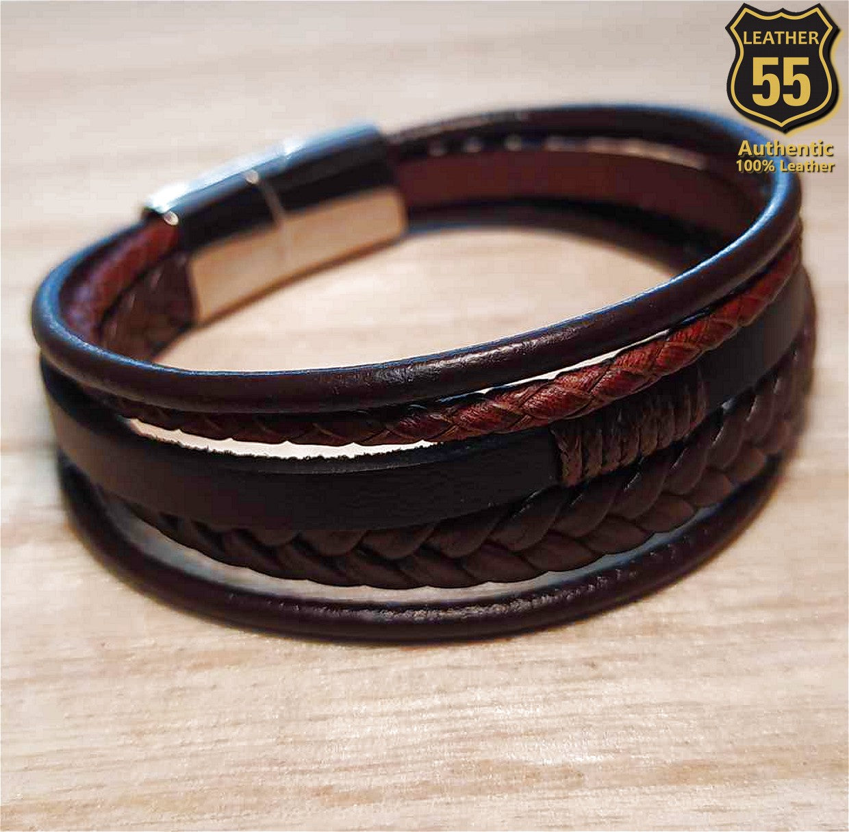Leather 55 Ανδρικό Xειροποίητο Δερμάτινο βραχιόλι με ανοξείδωτο ατσάλι σε συσκευασία δώρου / Κωδικός Προϊόντος: C177
