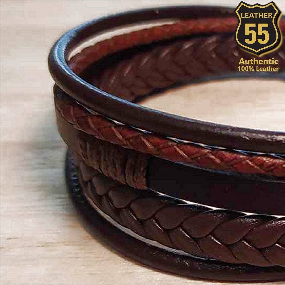 Leather 55 Ανδρικό Xειροποίητο Δερμάτινο βραχιόλι με ανοξείδωτο ατσάλι σε συσκευασία δώρου / Κωδικός Προϊόντος: C177