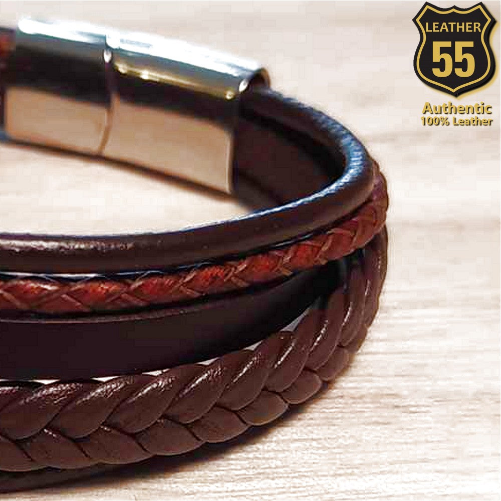 Leather 55 Ανδρικό Xειροποίητο Δερμάτινο βραχιόλι με ανοξείδωτο ατσάλι σε συσκευασία δώρου / Κωδικός Προϊόντος: C177