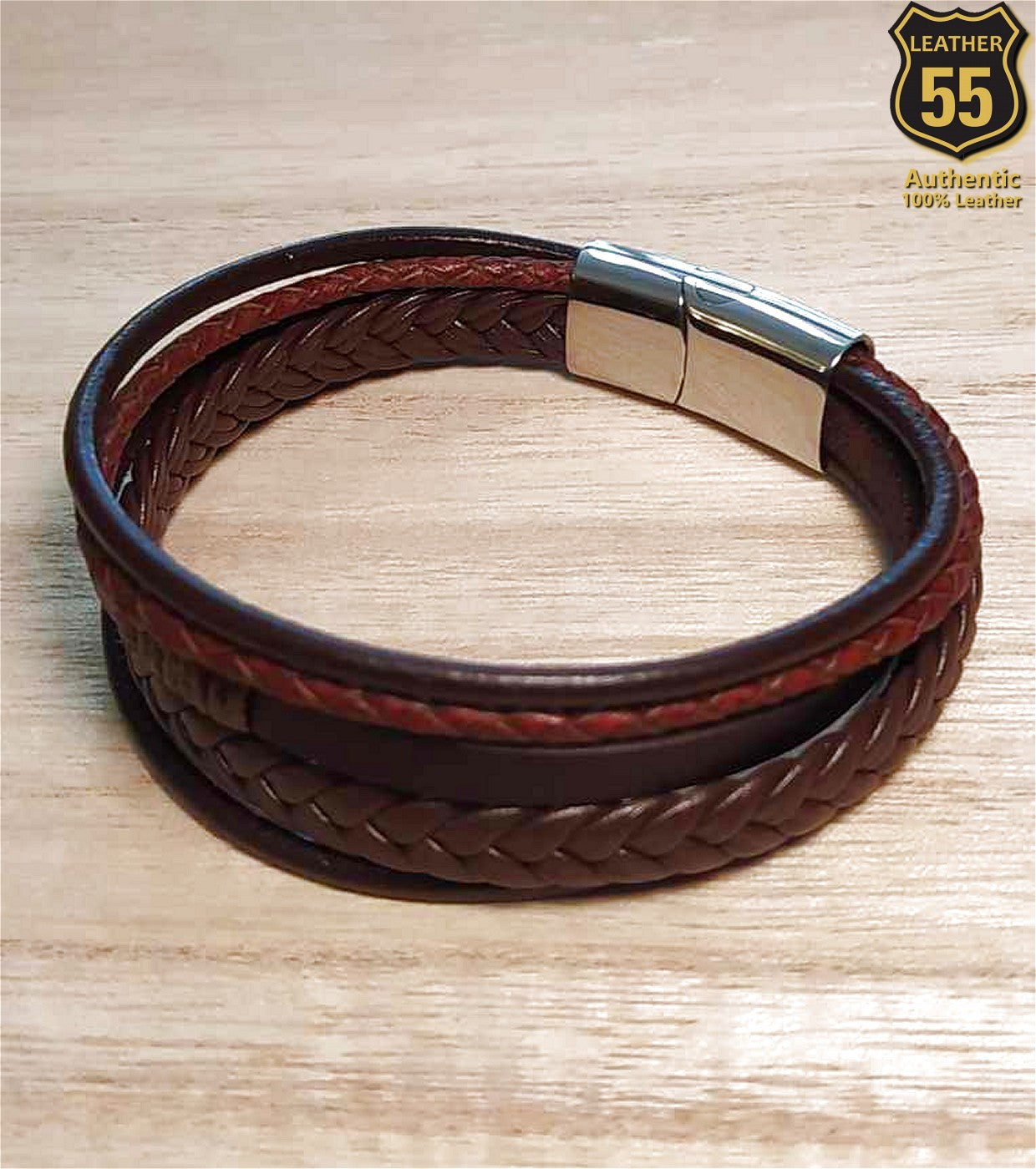 Leather 55 Ανδρικό Xειροποίητο Δερμάτινο βραχιόλι με ανοξείδωτο ατσάλι σε συσκευασία δώρου / Κωδικός Προϊόντος: C177