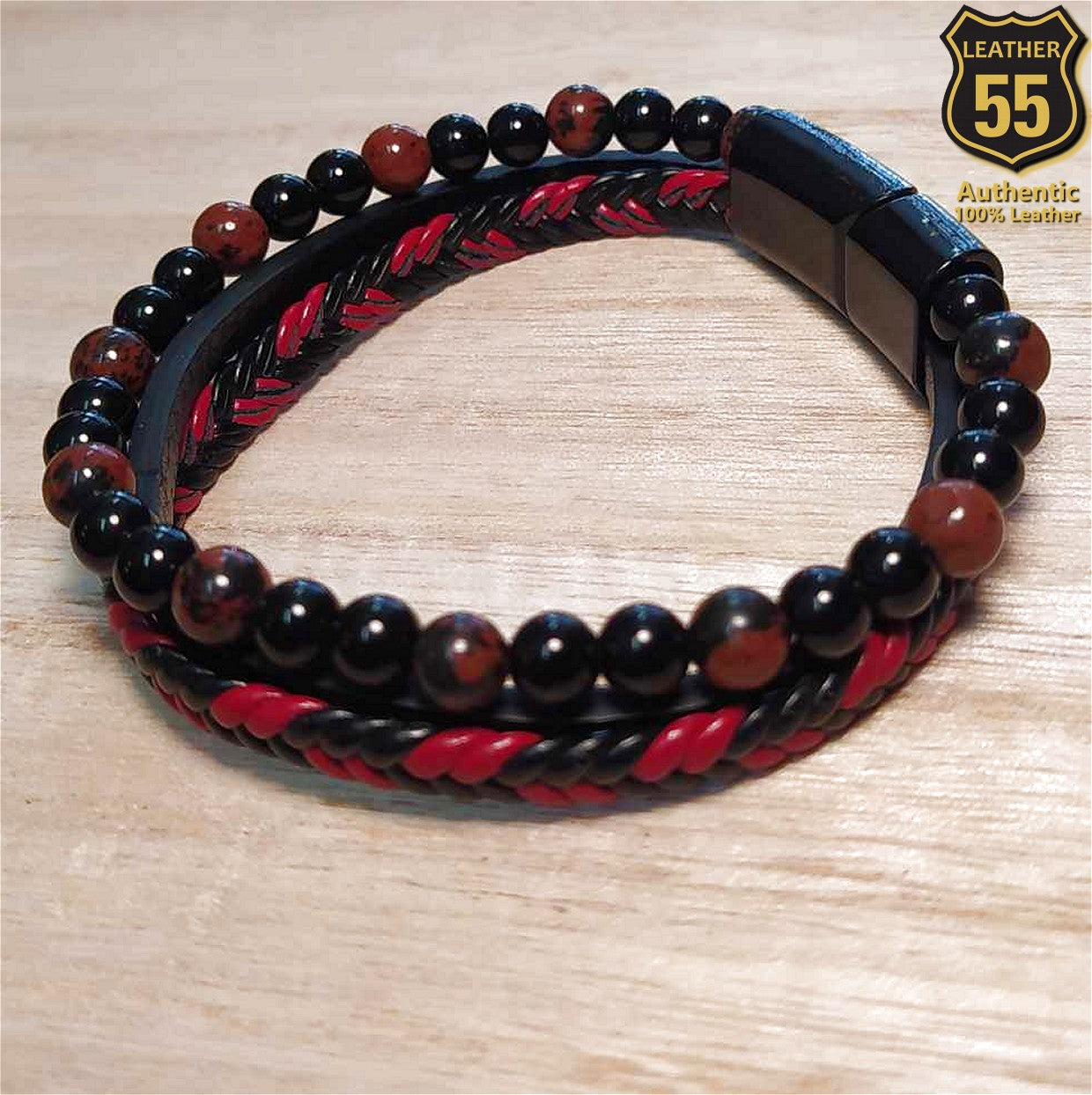 Leather 55 Ανδρικό Xειροποίητο Δερμάτινο βραχιόλι με ανοξείδωτο ατσάλι σε συσκευασία δώρου / Κωδικός Προϊόντος: C178