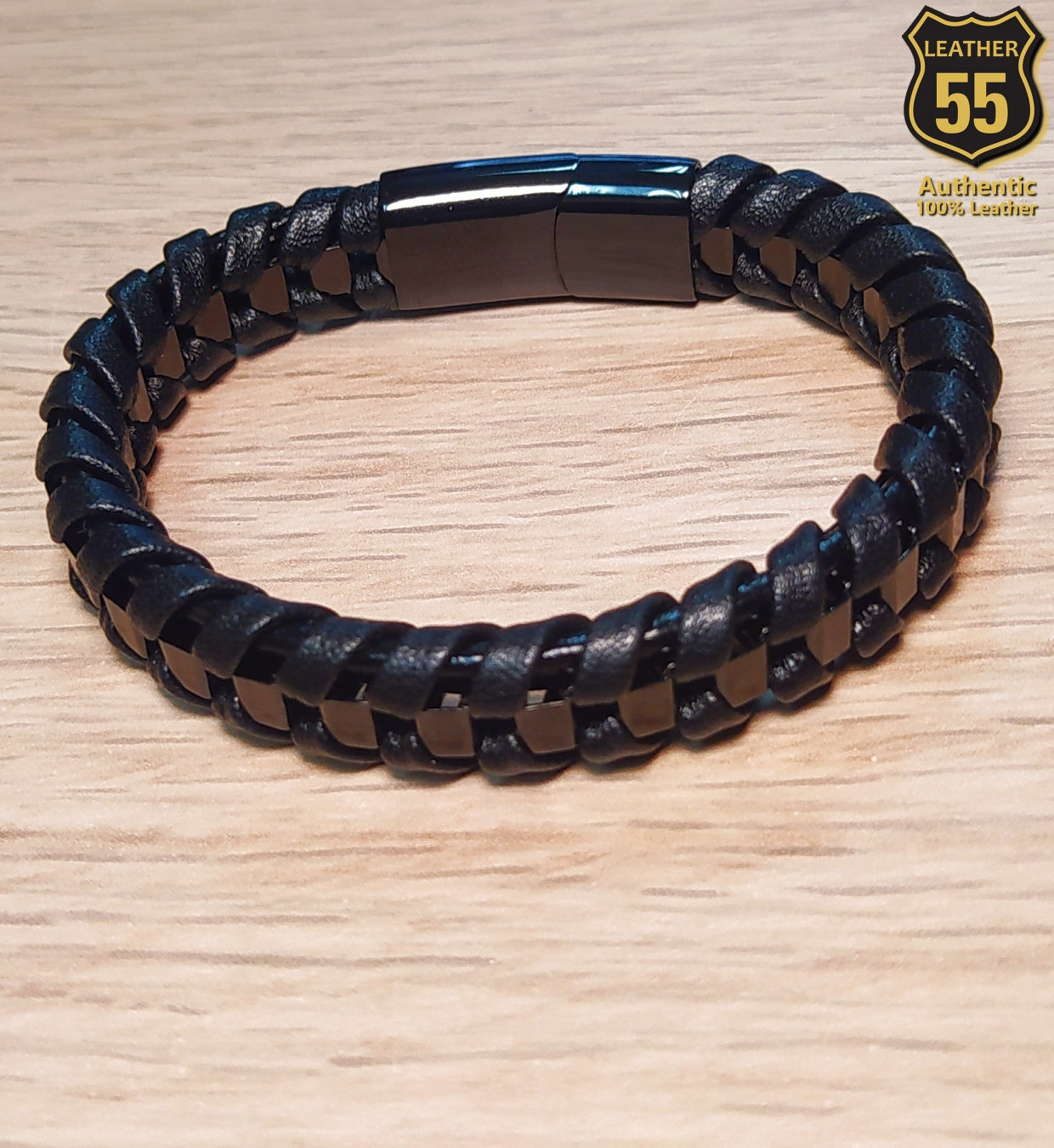 Leather 55 Ανδρικό Xειροποίητο Δερμάτινο βραχιόλι με ανοξείδωτο ατσάλι σε συσκευασία δώρου / Κωδικός Προϊόντος: C199