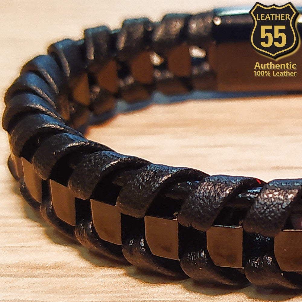 Leather 55 Ανδρικό Xειροποίητο Δερμάτινο βραχιόλι με ανοξείδωτο ατσάλι σε συσκευασία δώρου / Κωδικός Προϊόντος: C199